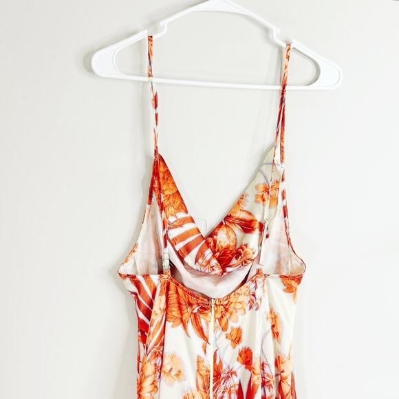 Pretty Little Thing Orange Floral Print Satin Cowl Neck Maxi Dress Size 8 - Picture 11 of 11